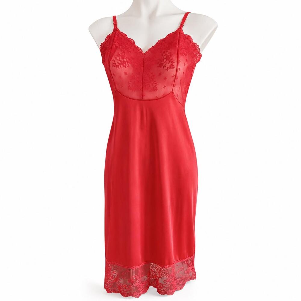 Rare Vanity Fair Red Nylon Antron Slip Dress Sz 34L Vintage Lingerie Lace Bodice - Picture 4 of 10